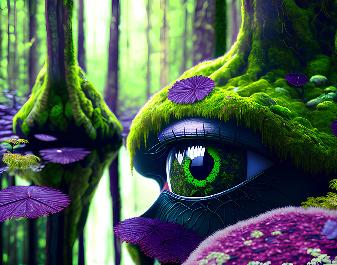 Enchanting forest with giant green eye and purple foliage