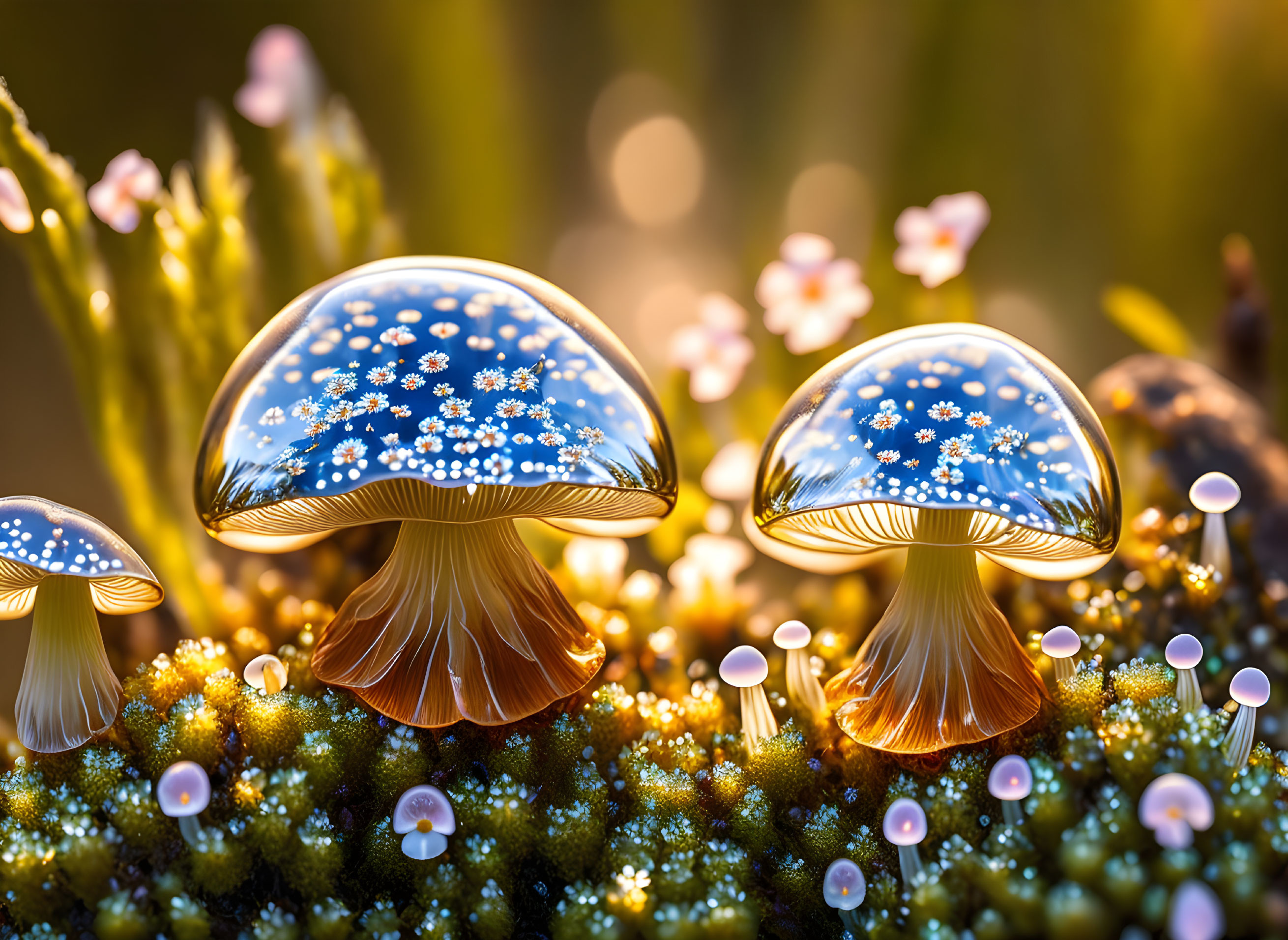 Glowing star-patterned mushrooms on moss with flowers & bokeh.