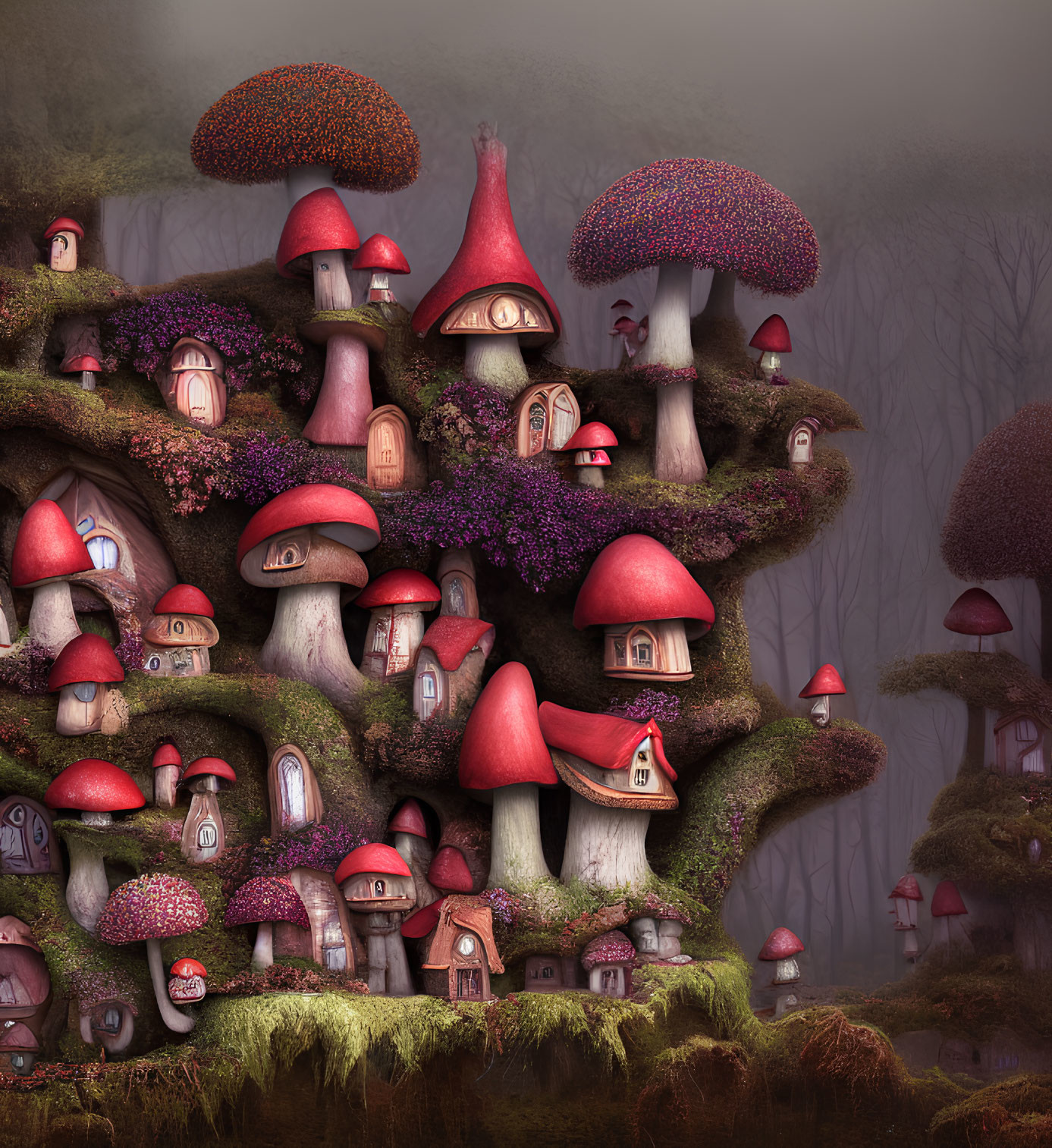 Whimsical mushroom village in misty forest landscape