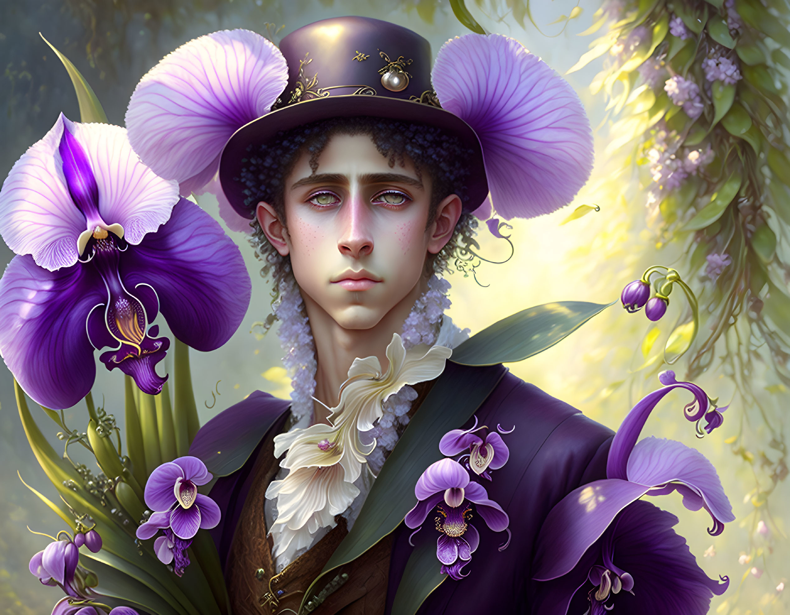 Stylized digital portrait of a person in purple attire with orchids