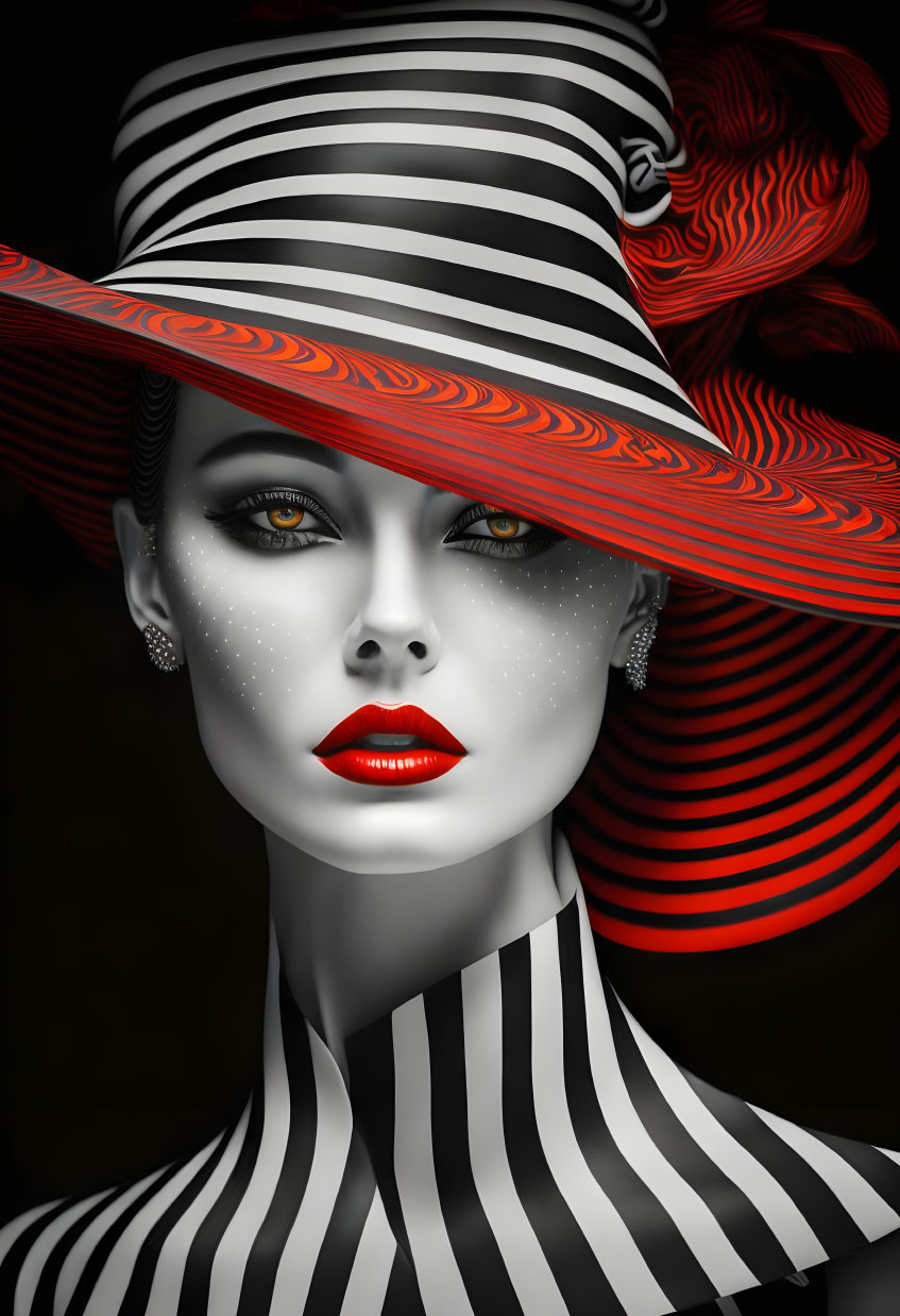 Monochrome portrait of a woman in striped attire with bold red lips on black backdrop