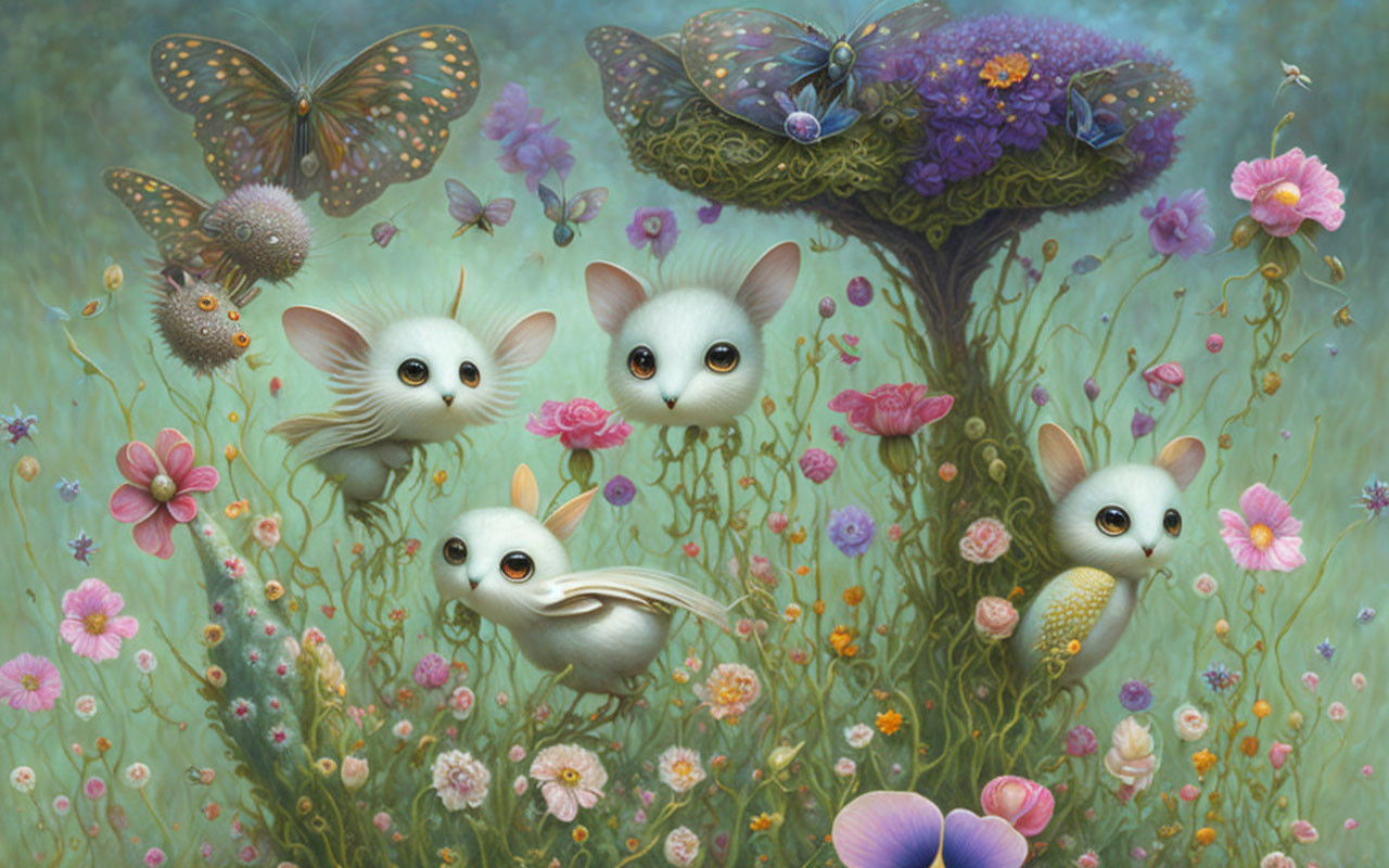 Whimsical creatures with large eyes in vibrant flower field