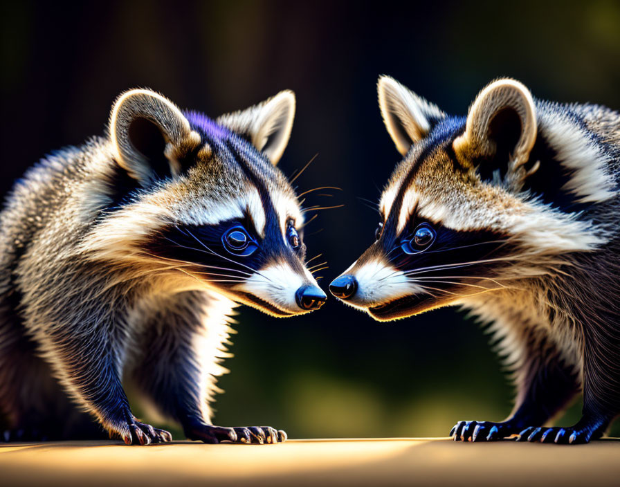 Raccoons in close encounter under warm light