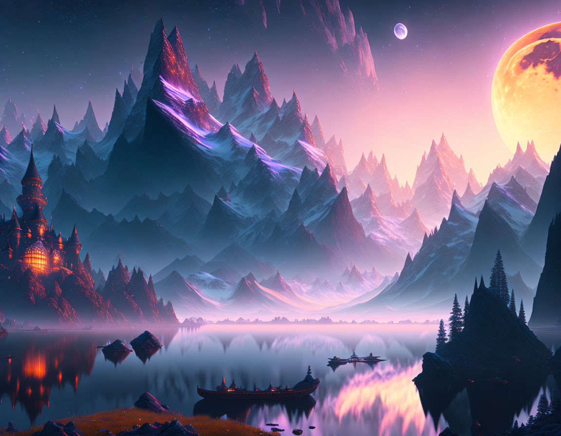 Fantasy landscape with mountains, lake, castle, boats, night sky, moon, and stars