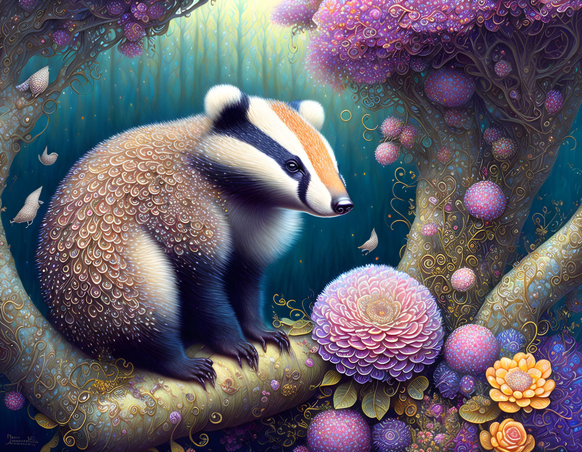 Colorful Badger Surrounded by Intricate Flora in Fantasy Scene