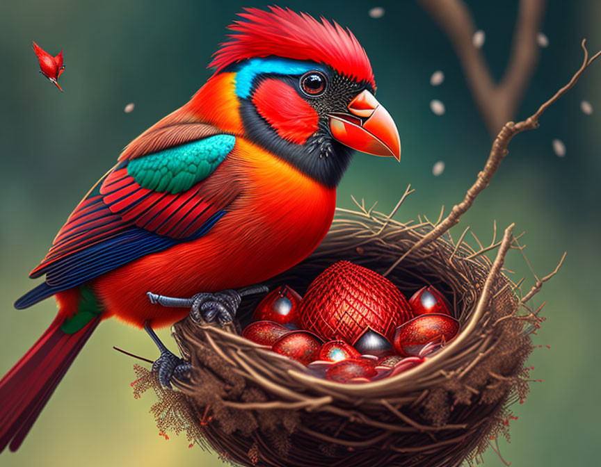 Colorful Cardinal-Like Bird on Nest with Red Gems, Background Bird Flying