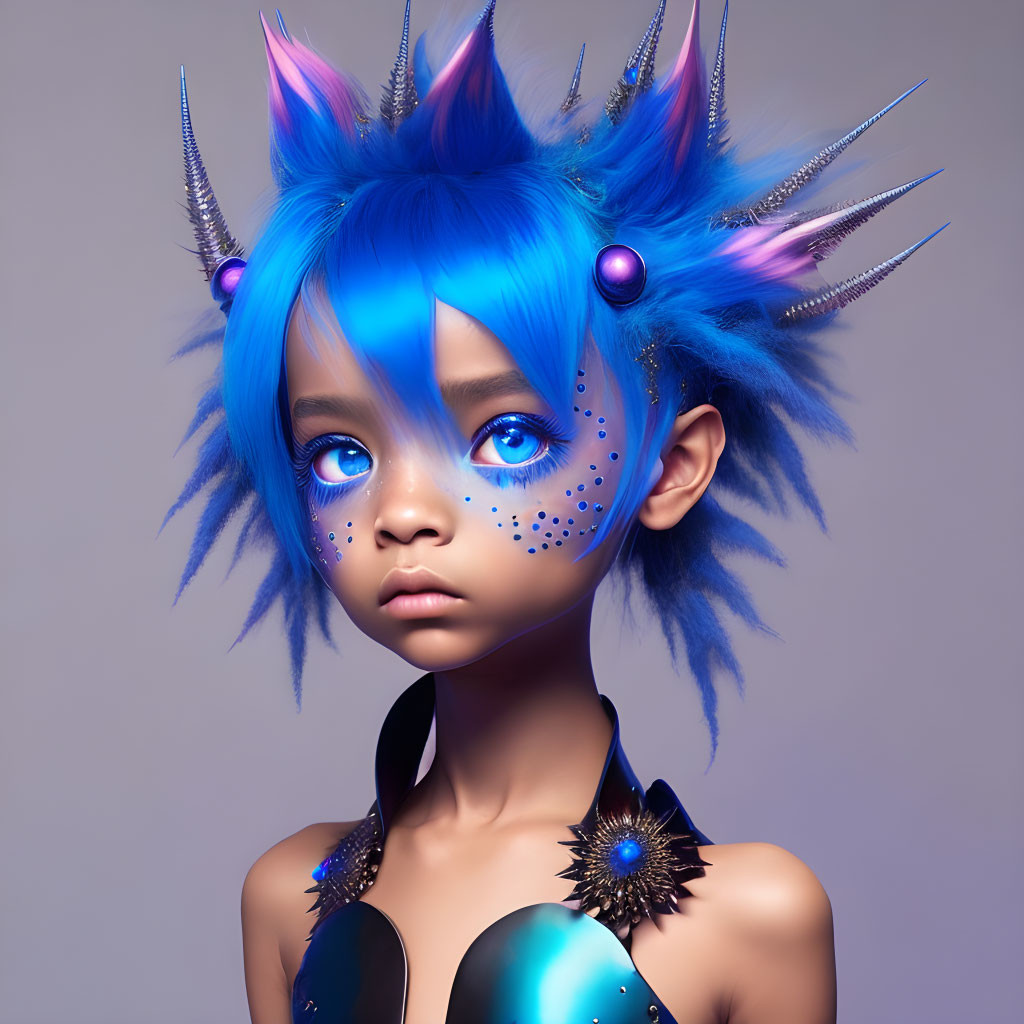 Child with Blue Spiky Hair and Horns in Fantasy Makeup on Grey Background