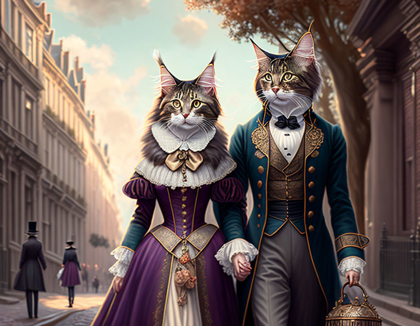 Anthropomorphic cats in 19th-century attire on cobblestone street