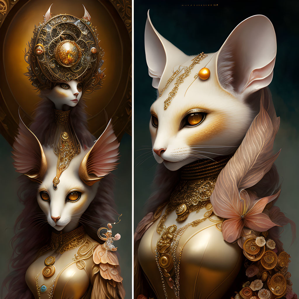 Regal feline creatures in fantasy artwork with ornate jewelry and headdresses