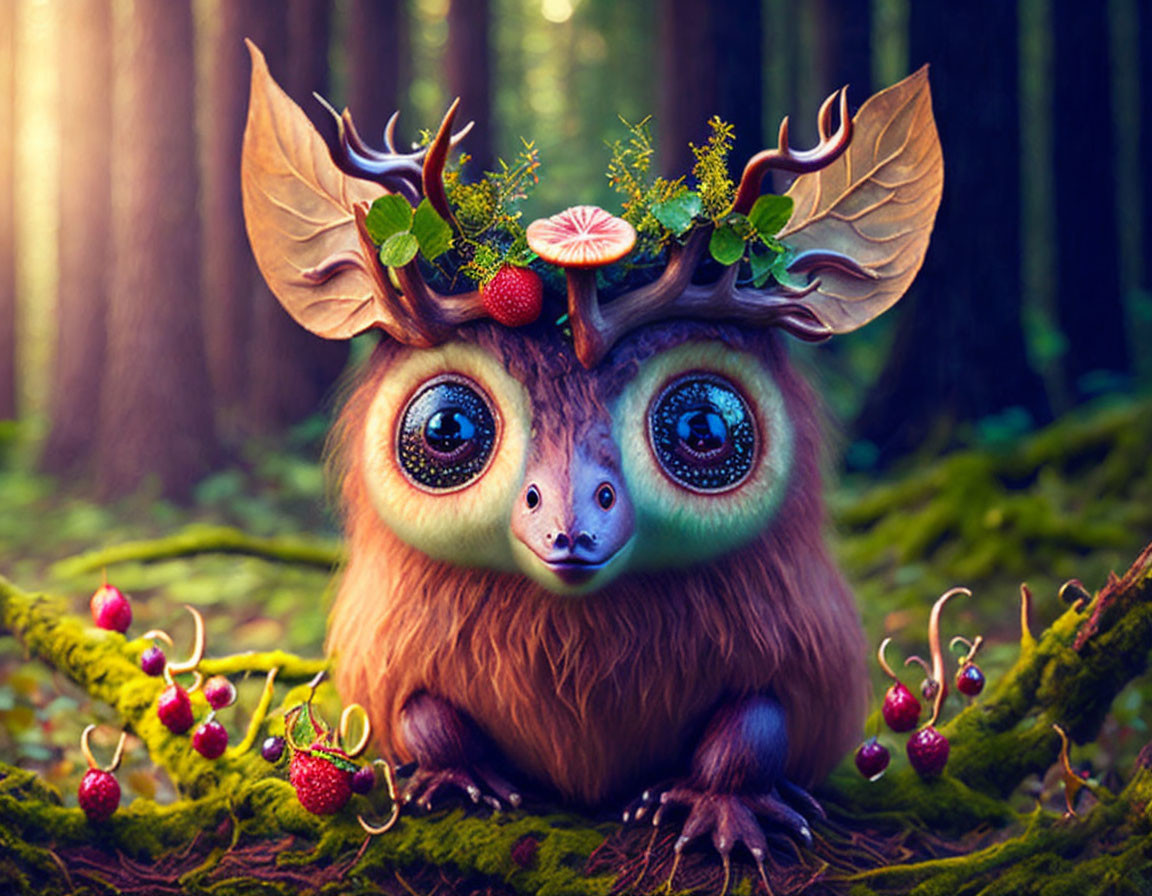 Enchanting forest scene with whimsical creature and antler-like branches