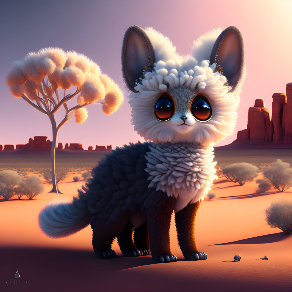 Stylized creature with glossy eyes in desert landscape