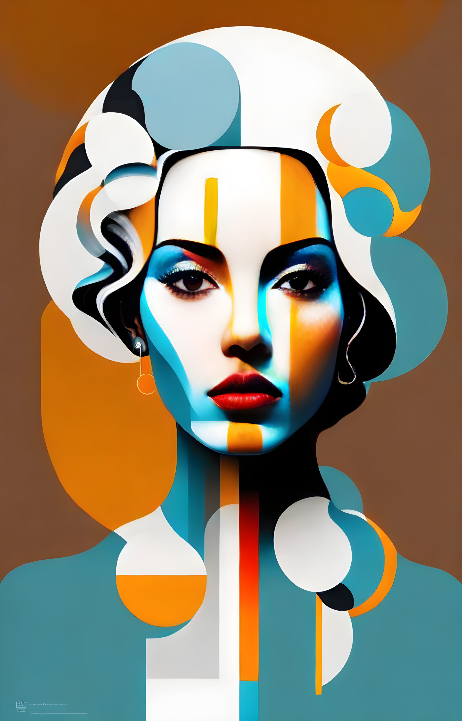 Geometric digital artwork of a woman in white, blue, and orange tones