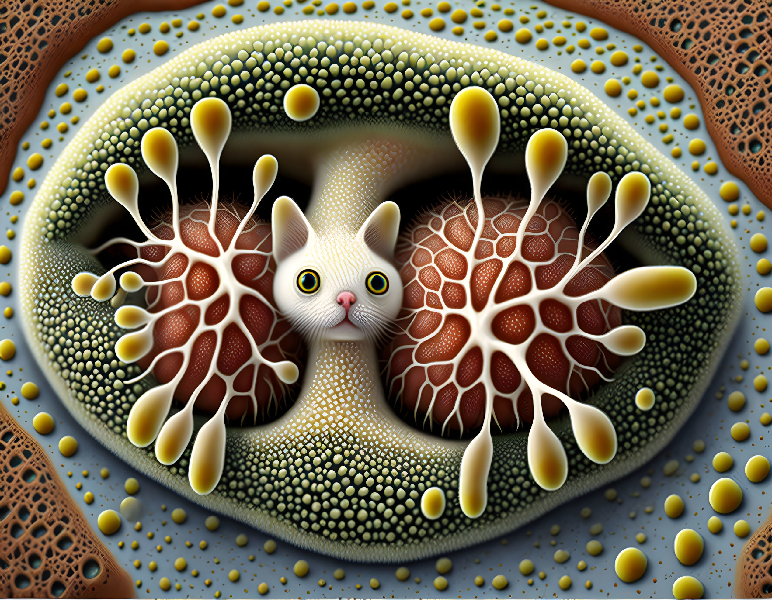 White cat emerges from surreal fractal pattern with spherical elements