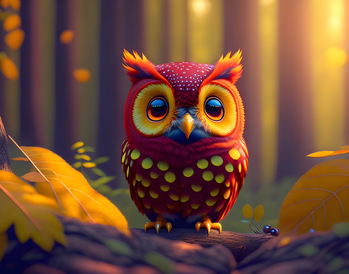 Colorful Owl Illustration in Sunlit Forest