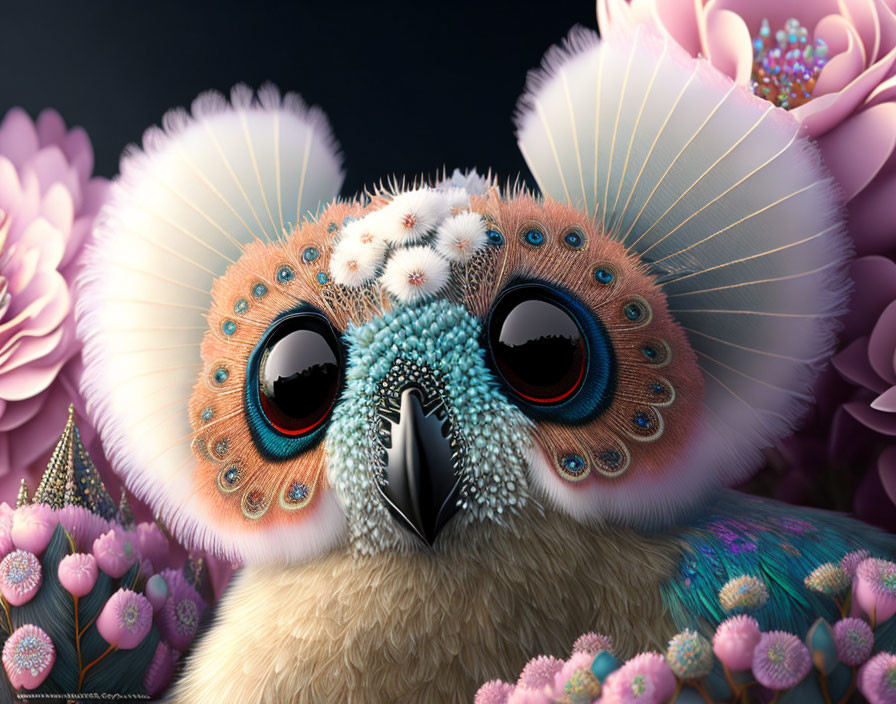 Colorful Owl-Like Creature with Big Eyes and Floral Designs