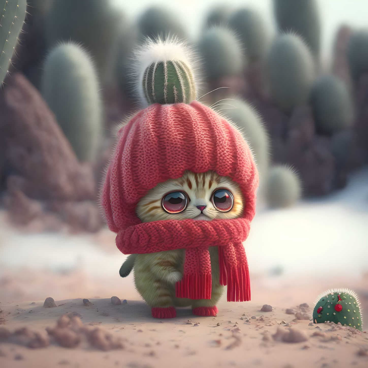 Fluffy kitten in red beanie and scarf among desert cacti