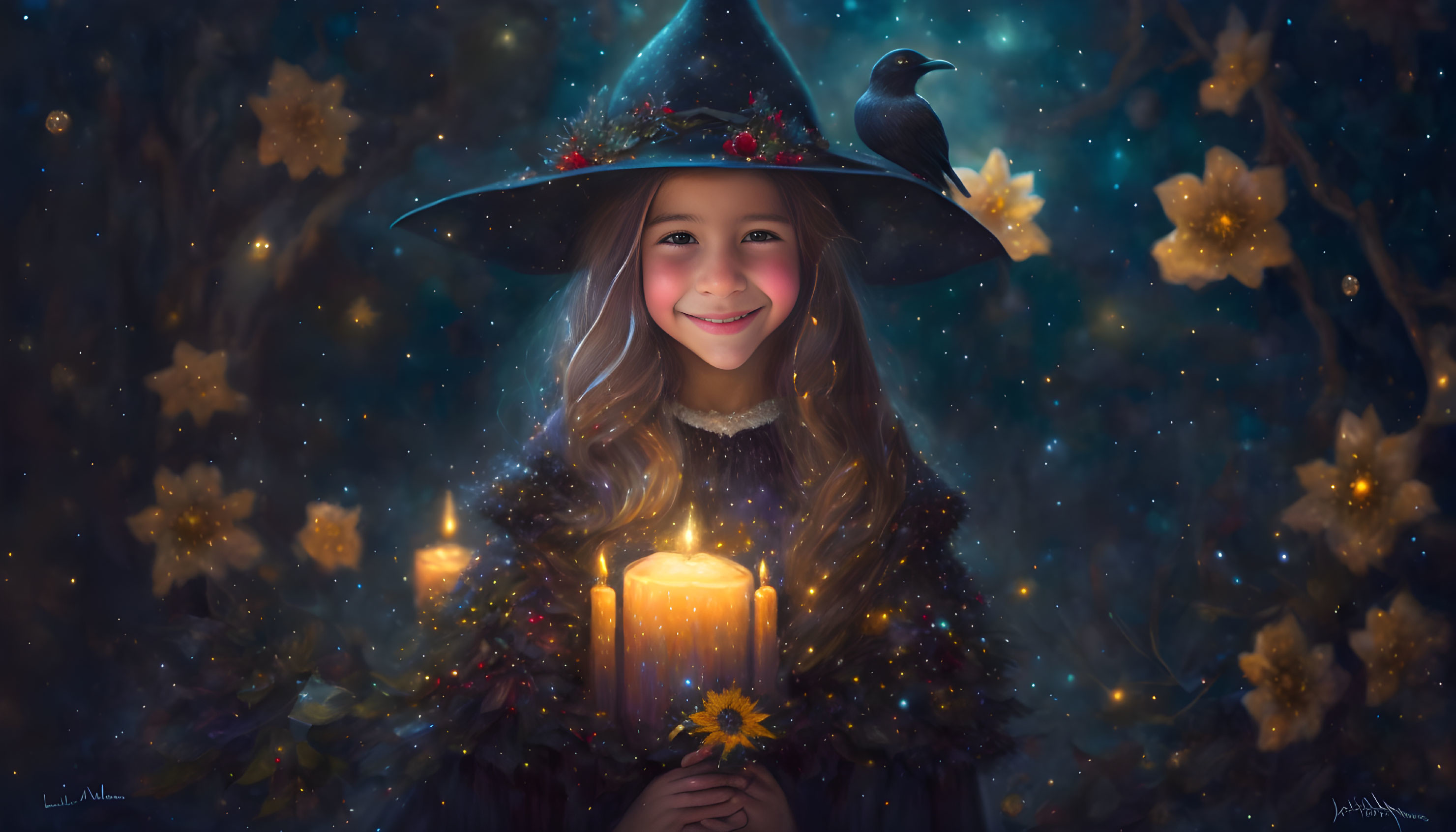 Smiling girl in witch costume with candle, starry hat, crow, and cosmic background