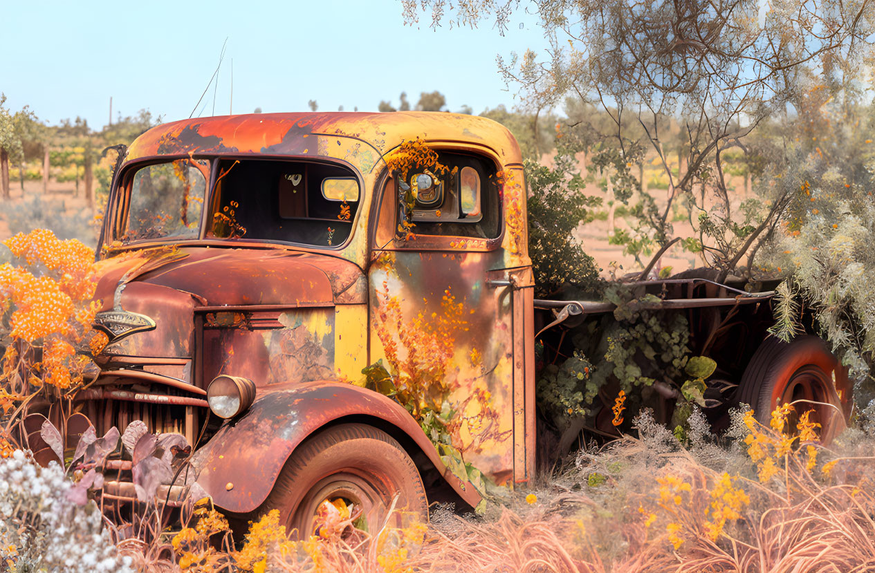 Rusted abandoned truck in field with overgrown grass and wildflowers