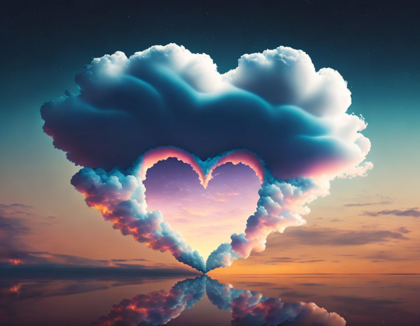 Vibrant blue and pink heart-shaped cloud over calm water at sunrise or sunset