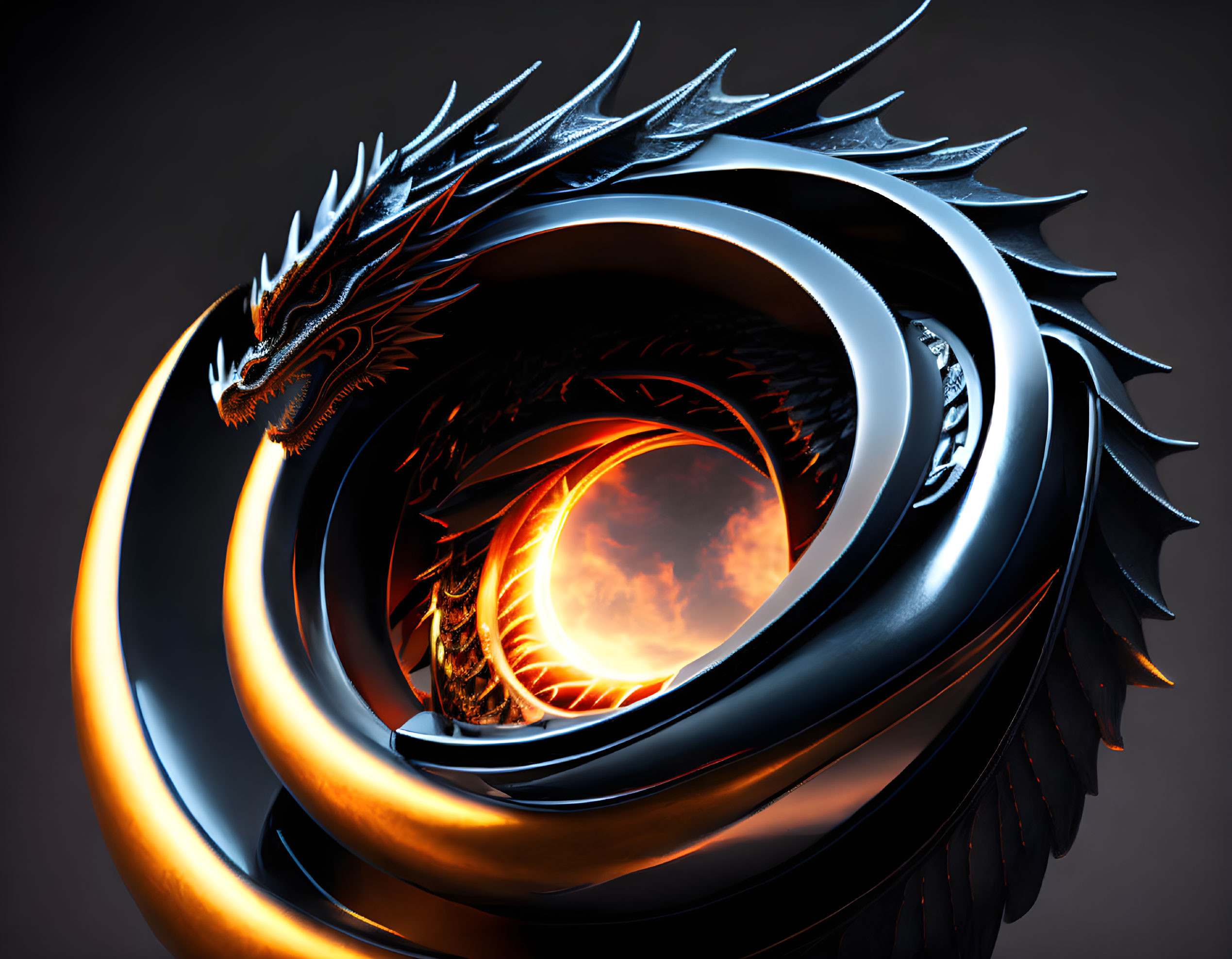 Metallic dragon with rings in 3D art against dark background