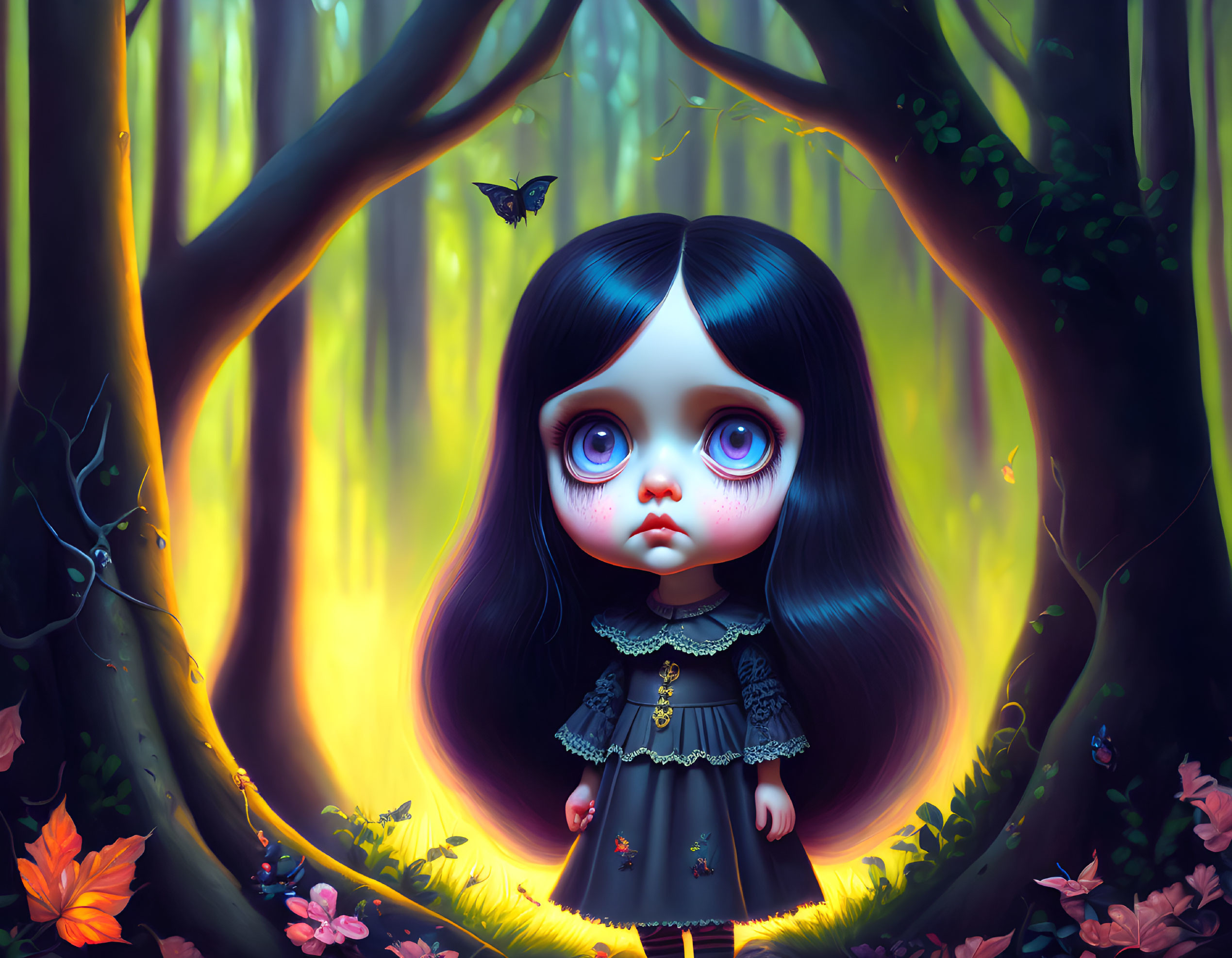 Illustration of wide-eyed girl in vibrant forest setting