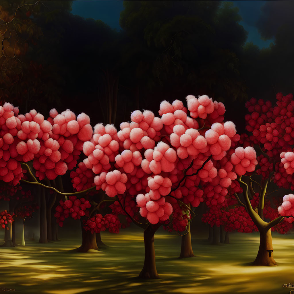 Surreal landscape with fluffy pink and red cotton candy trees on dark background