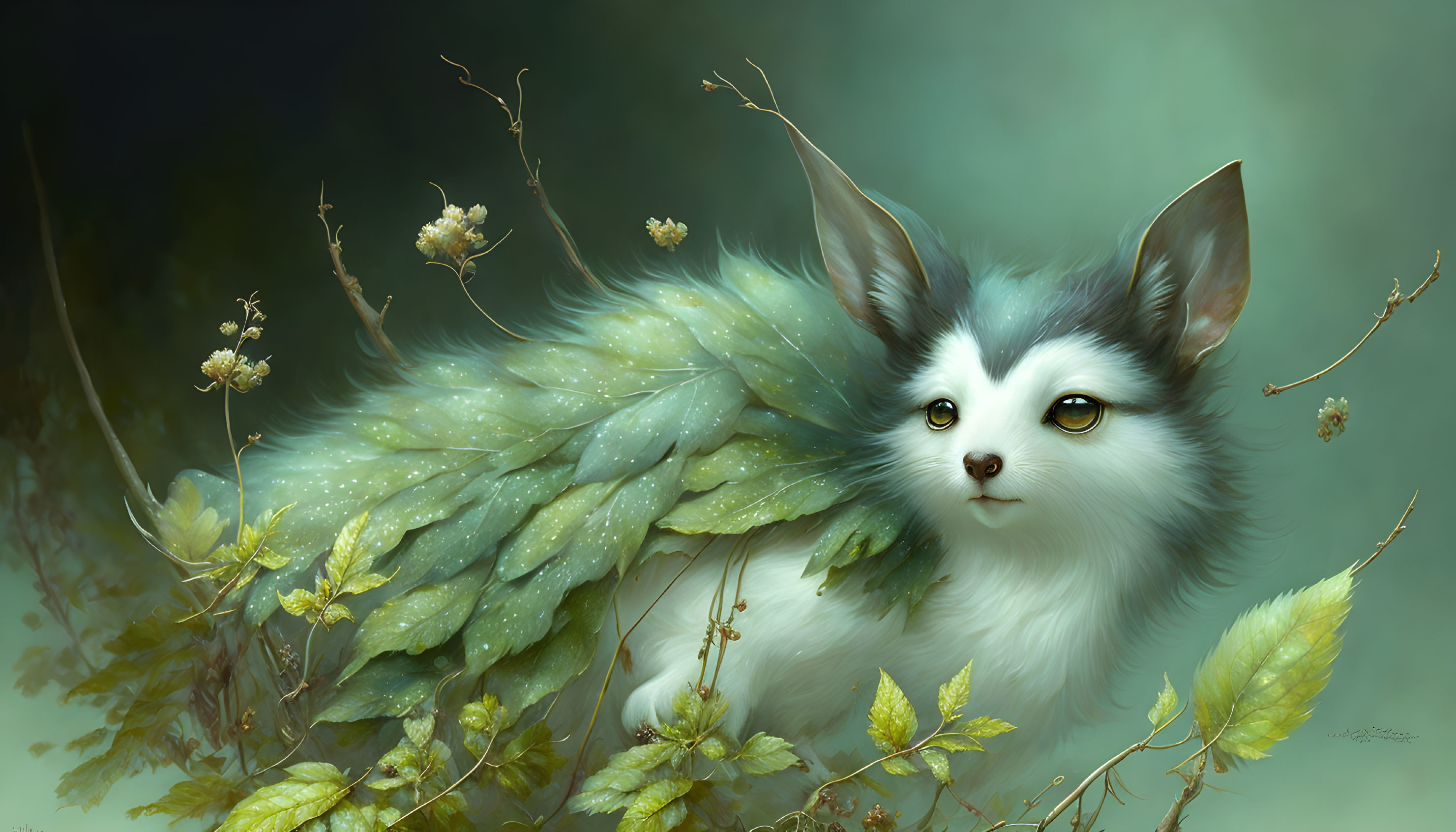 Cat-faced creature with leafy wings in botanical setting