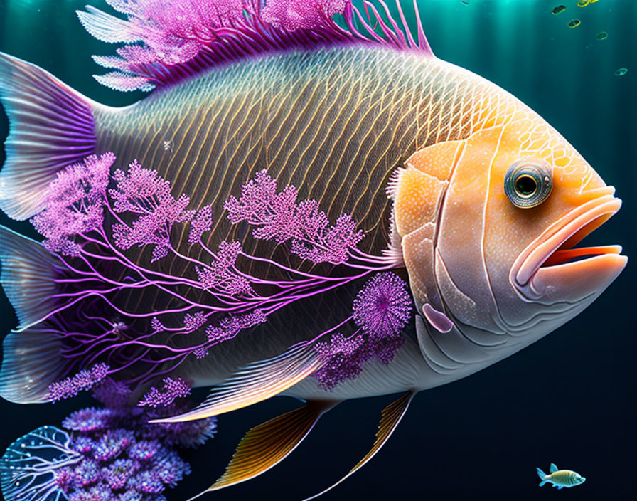 Colorful Fish with Pink Coral in Blue Ocean