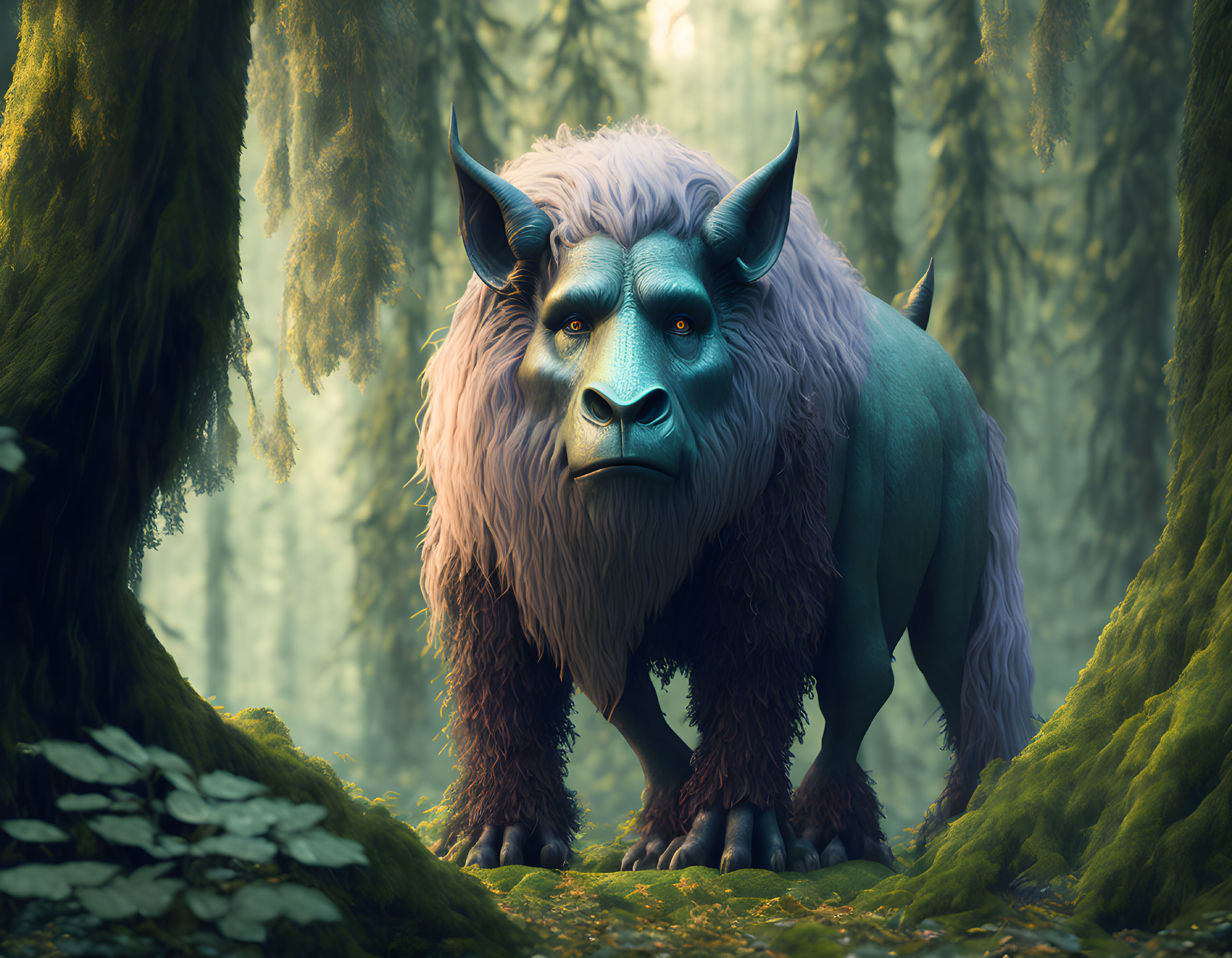 Blue-faced beast with horns in misty forest landscape