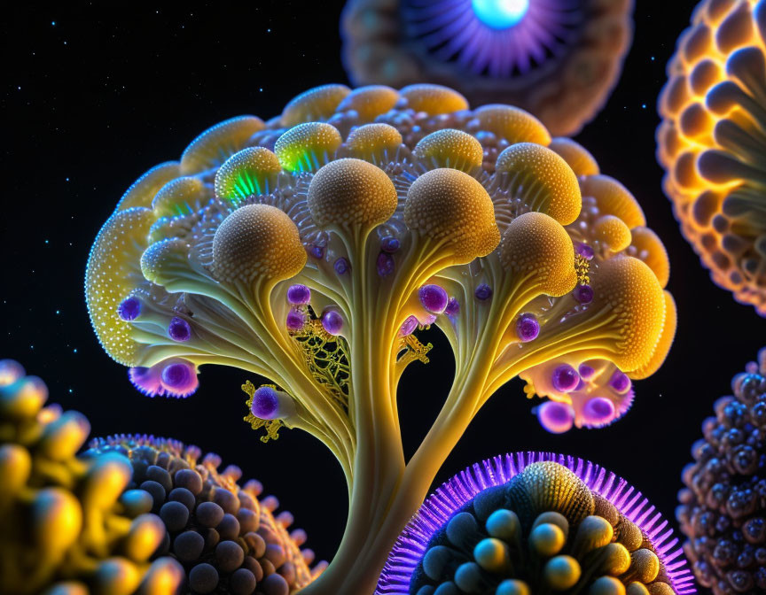 Colorful digital artwork: Tree-like structure with bioluminescent spheres.