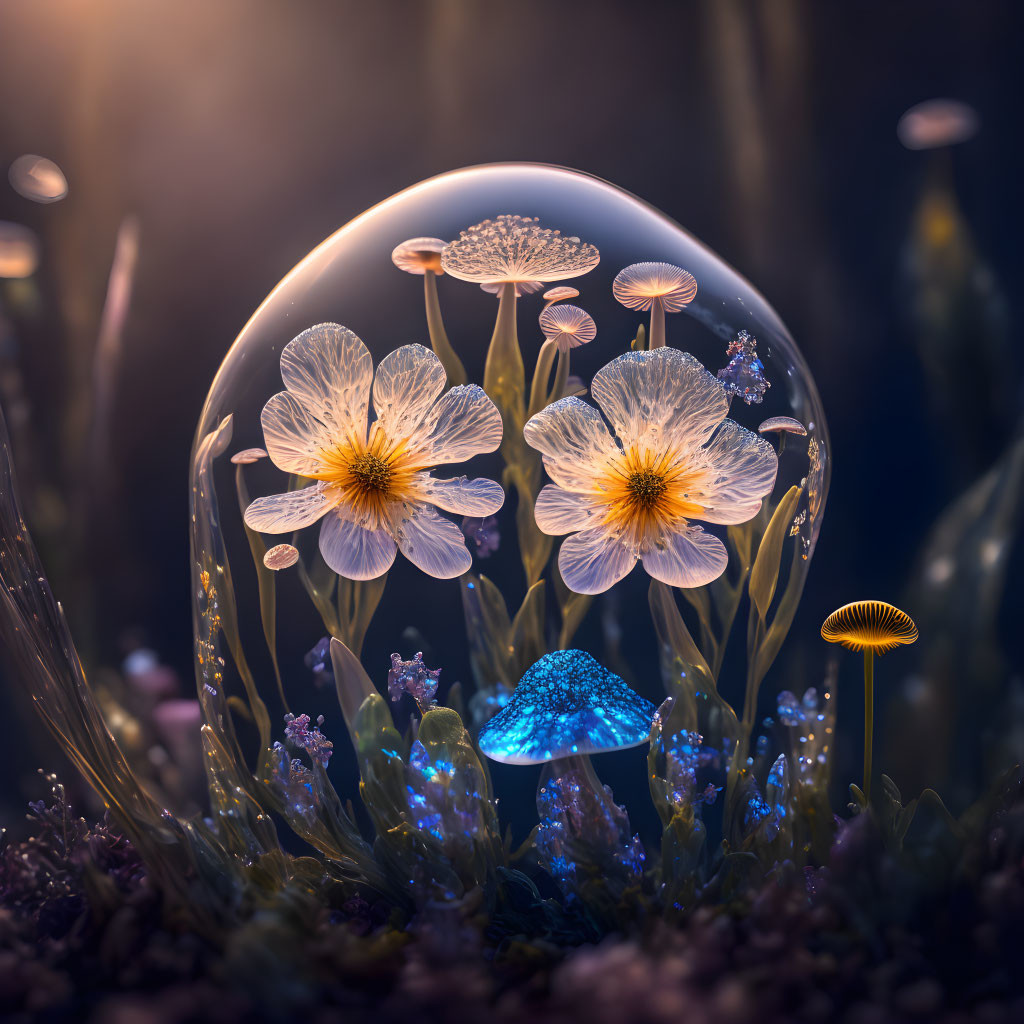 Glowing flowers and luminous mushroom in transparent sphere in mystical forest