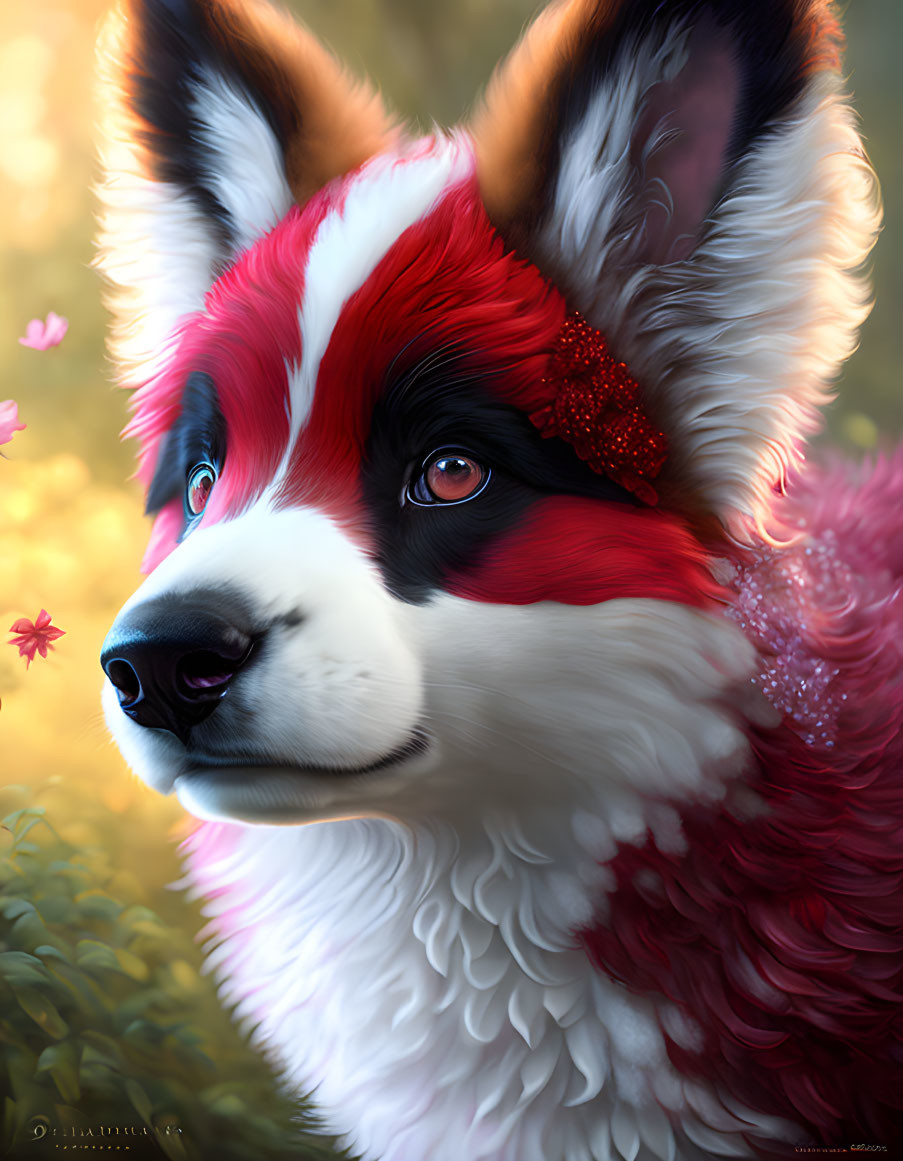 Vibrant red and white fox with blue eyes and pink flowers illustration