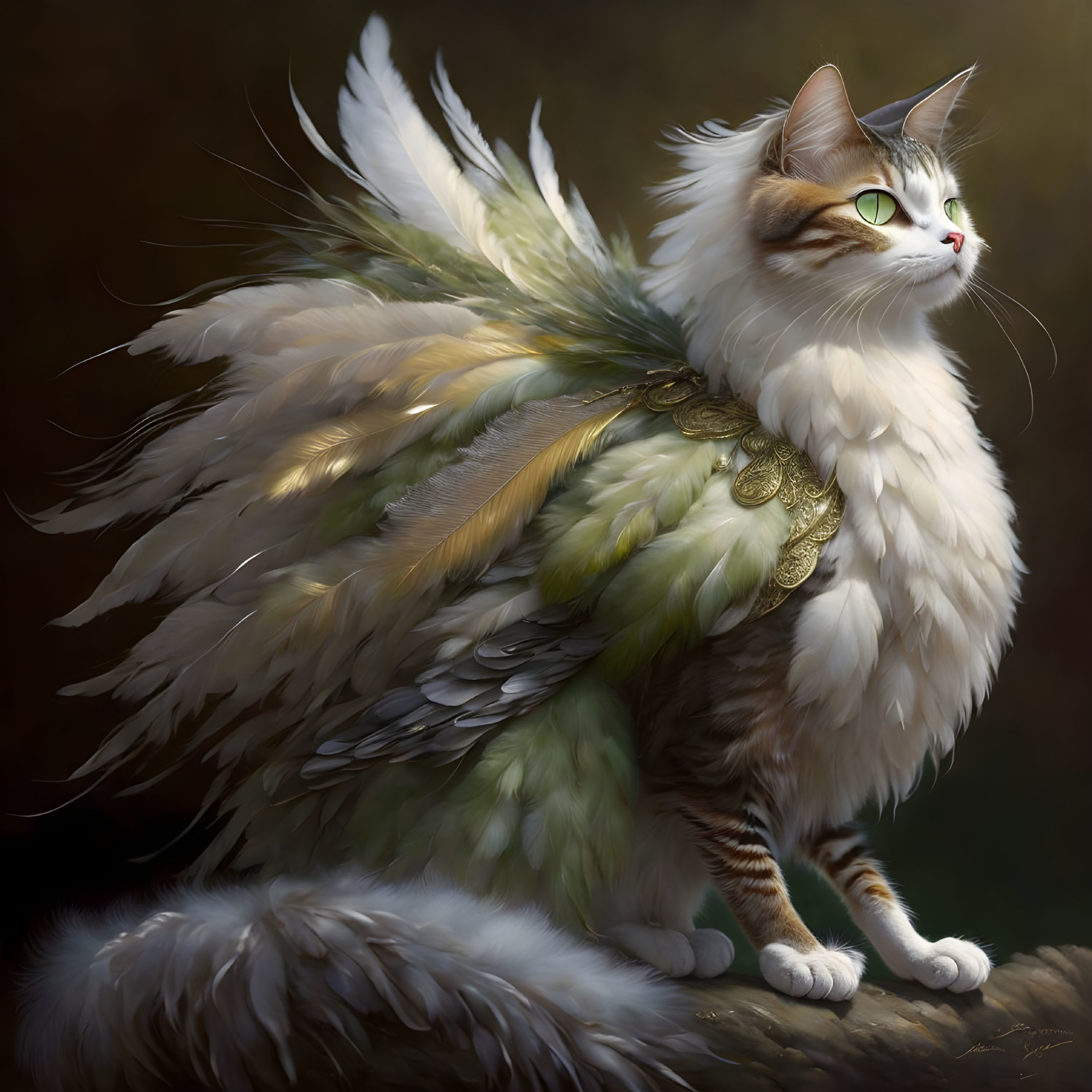 Fantasy cat with feathered wings, white coat, brown patches, and green eyes on dark background