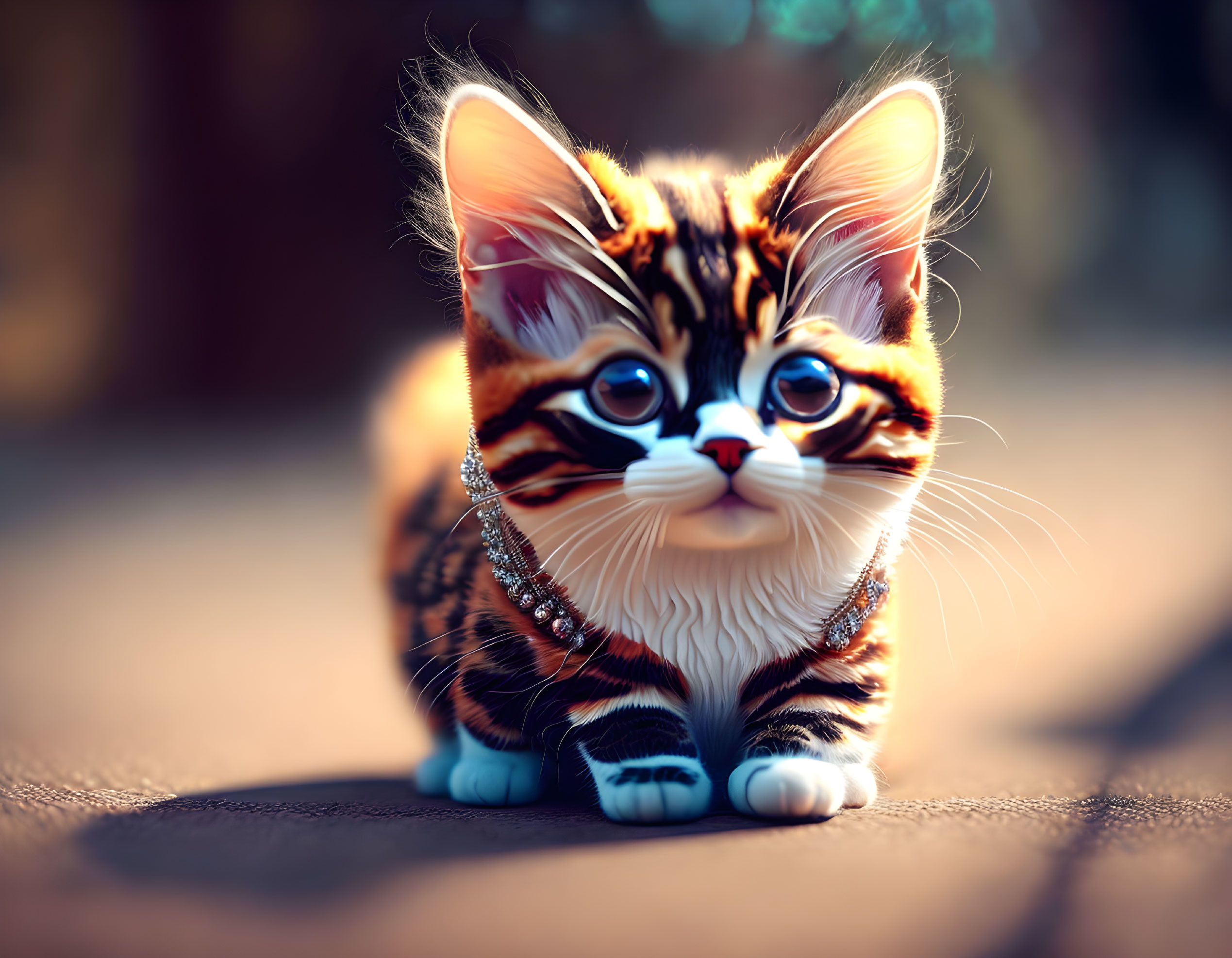 Adorable digital artwork: kitten with oversized eyes and shiny necklace