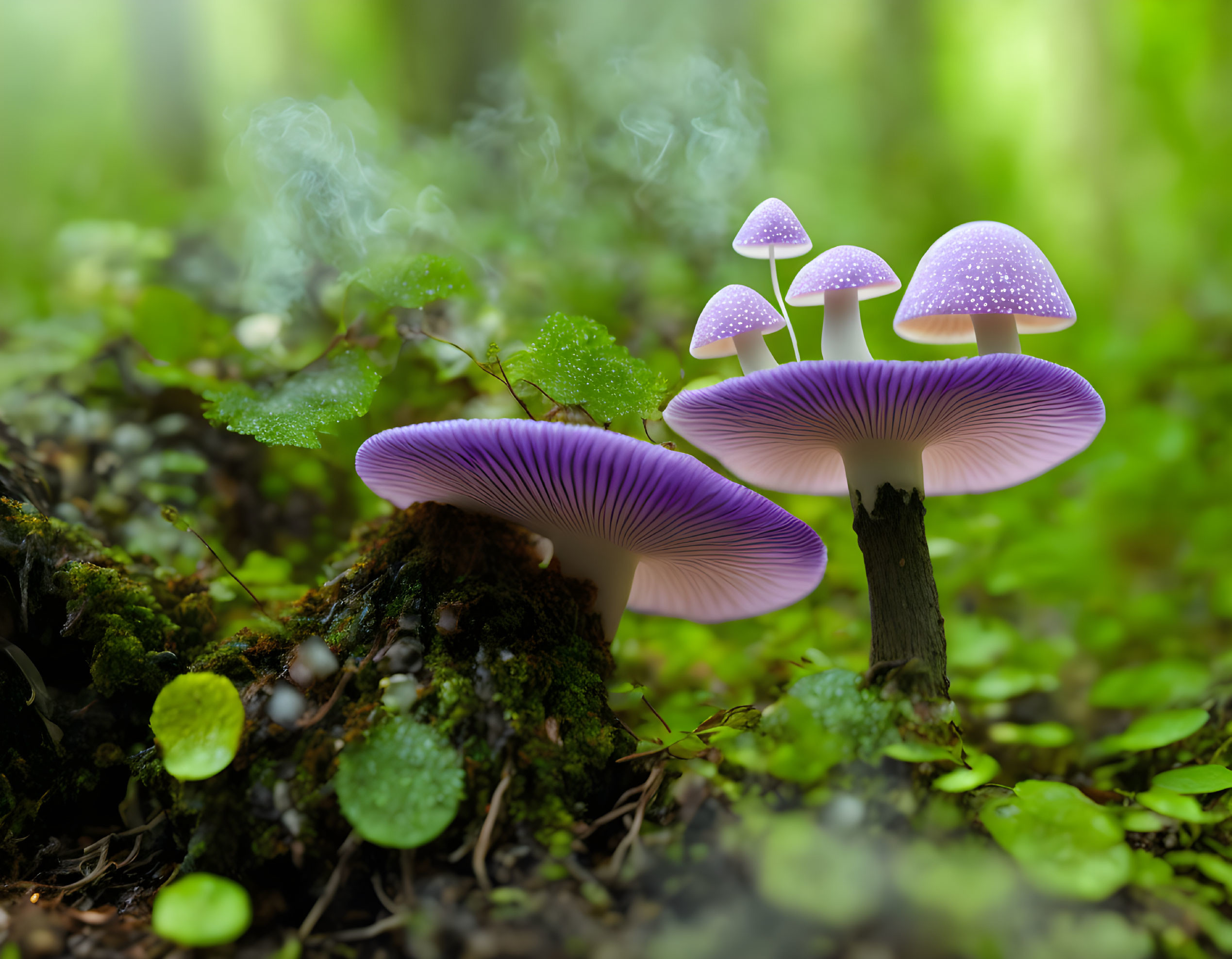 Vibrant purple mushrooms with dewdrops in mossy forest scene