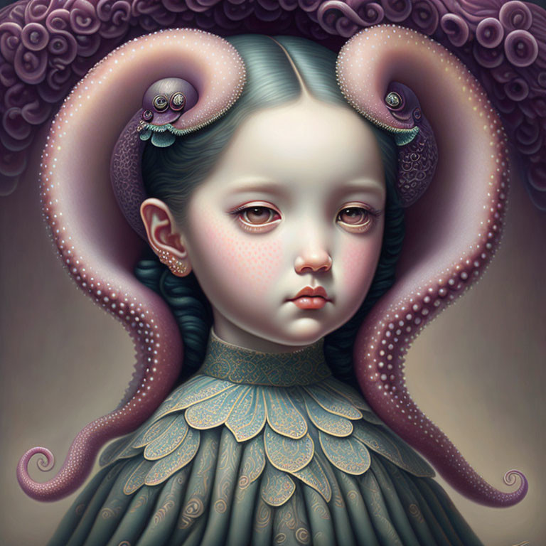 Surreal portrait of girl with ram-like horns and ornate patterns