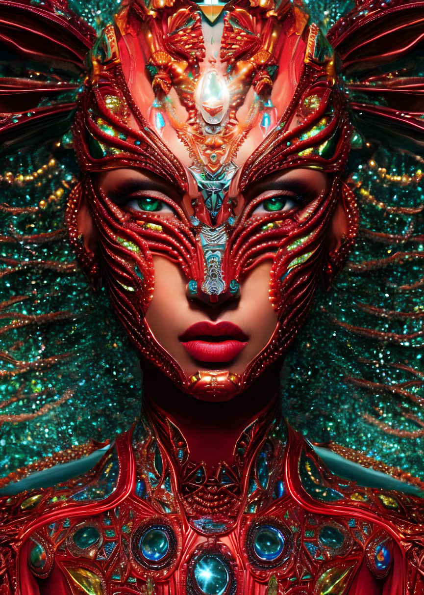 Symmetrical portrait of figure with red and gold headgear and teal accents