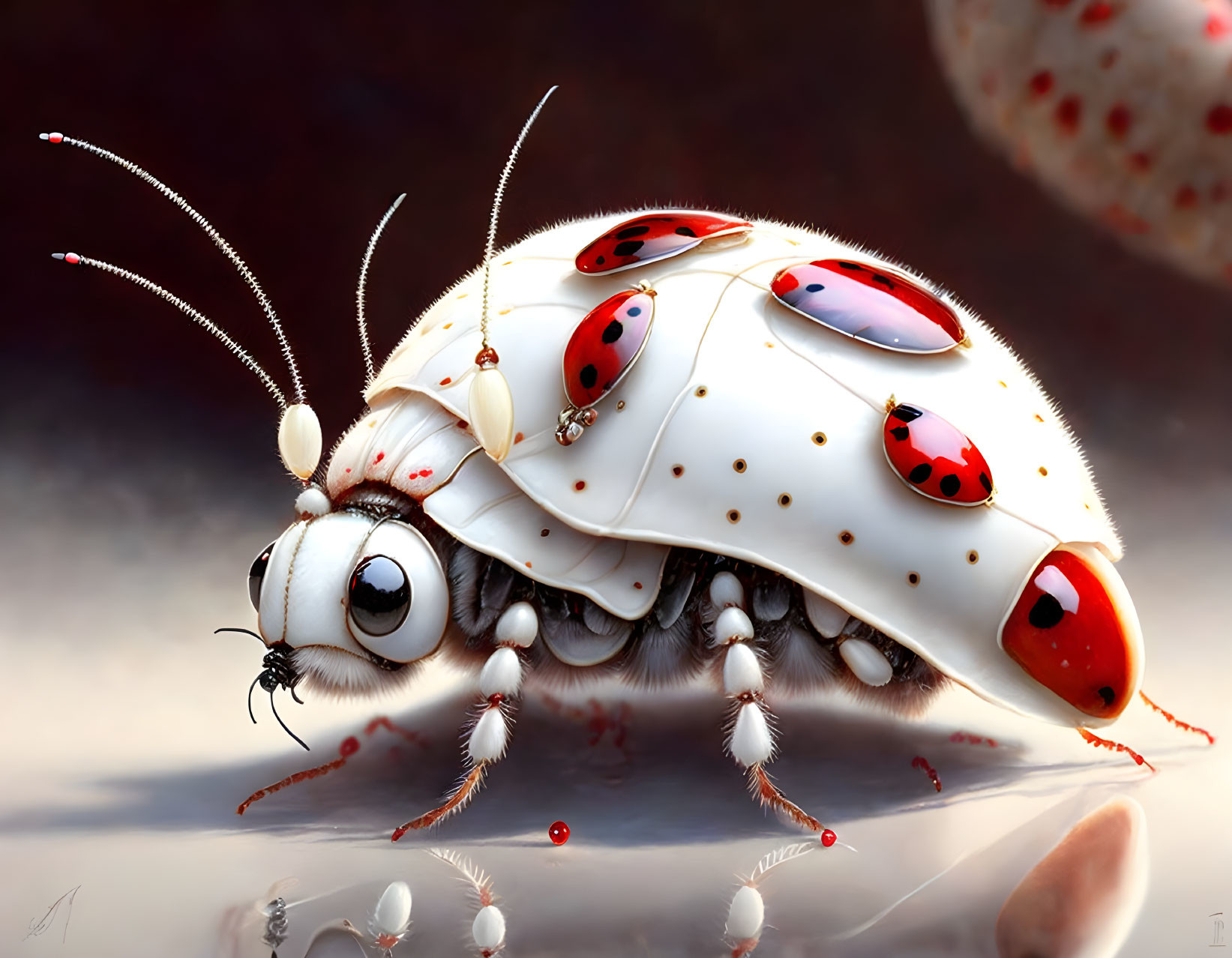 Cartoonish ladybug illustration with dreamy backdrop