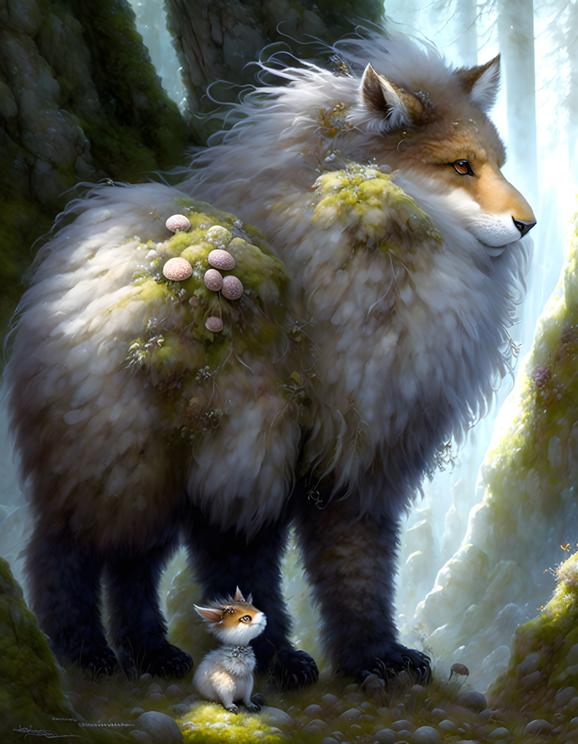 Illustration of giant fox with moss and mushrooms, accompanied by smaller duplicate in mystical forest.