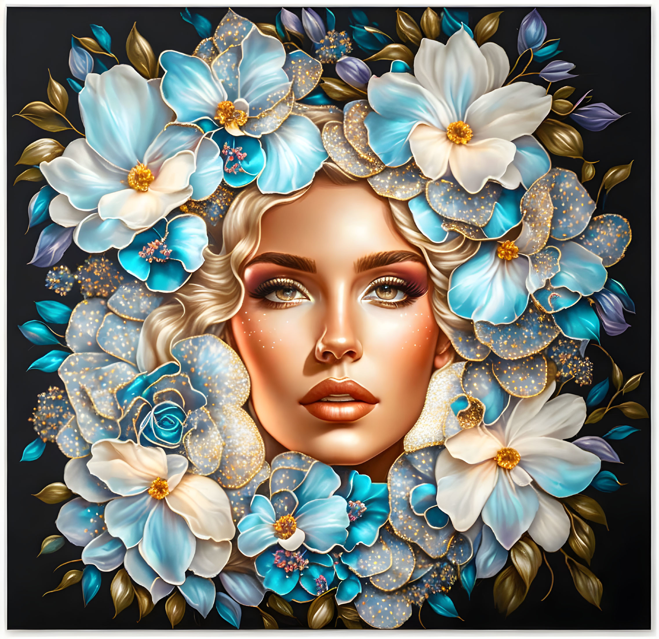 Illustrated Woman's Face with Blue and White Flowers on Dark Background