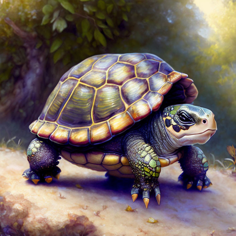 Shiny textured tortoise in forest setting with warm light