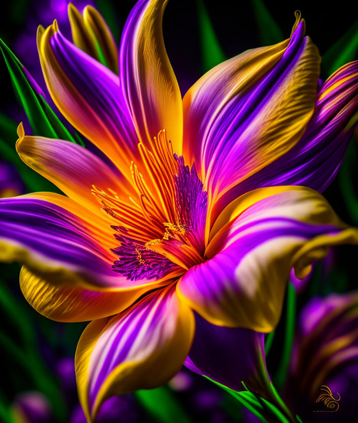 Close-up of vibrant purple and yellow flower with prominent stamens on dark floral backdrop