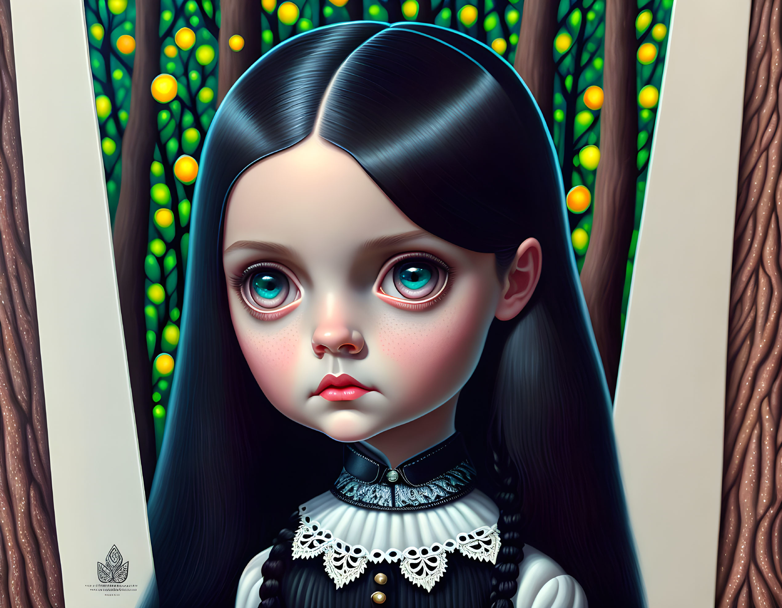 Hyper-realistic depiction of doll-like girl with large blue eyes, black hair, pale skin, and