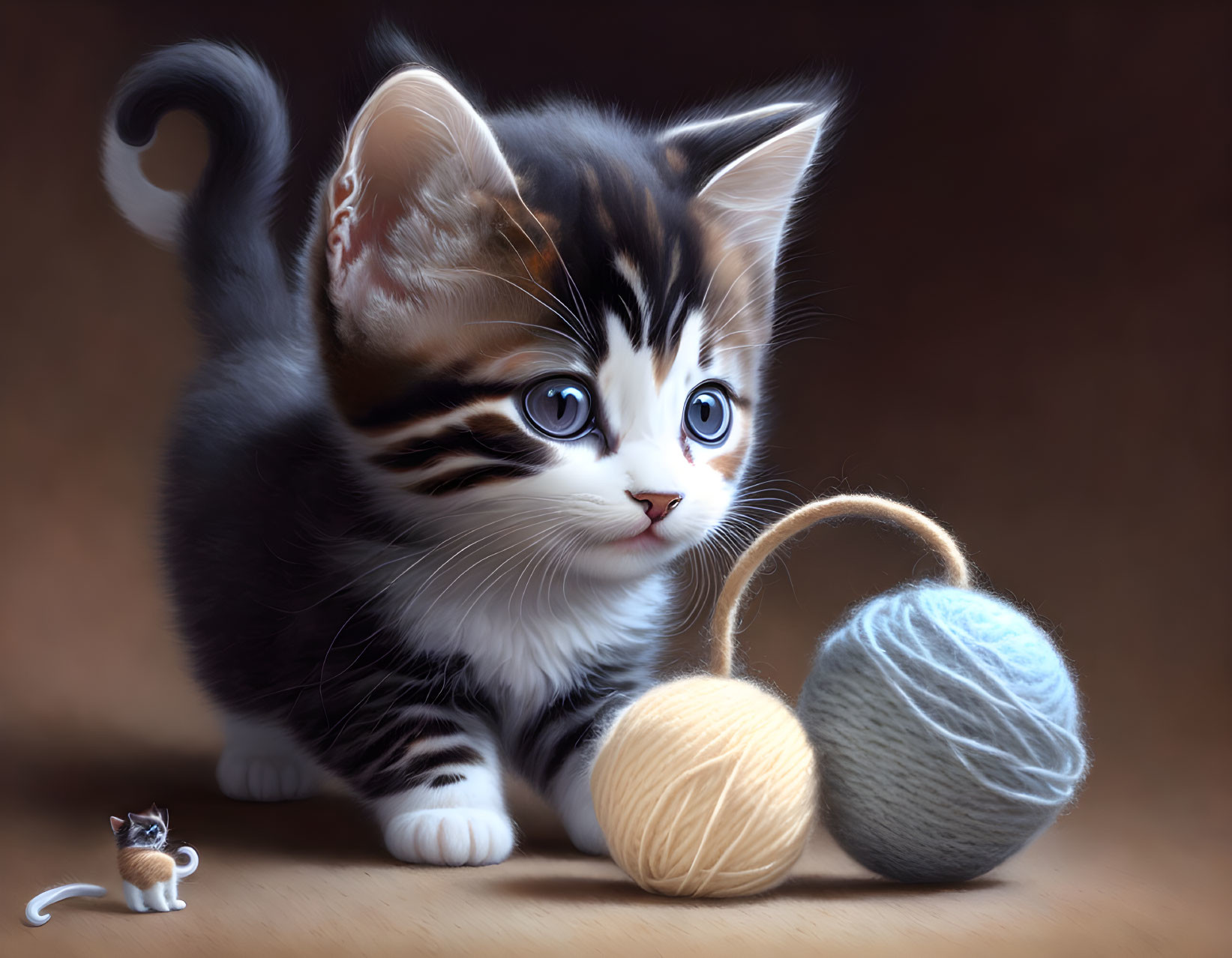 Tabby Kitten with Blue Eyes Playing with Mouse Toy and Yarn Ball