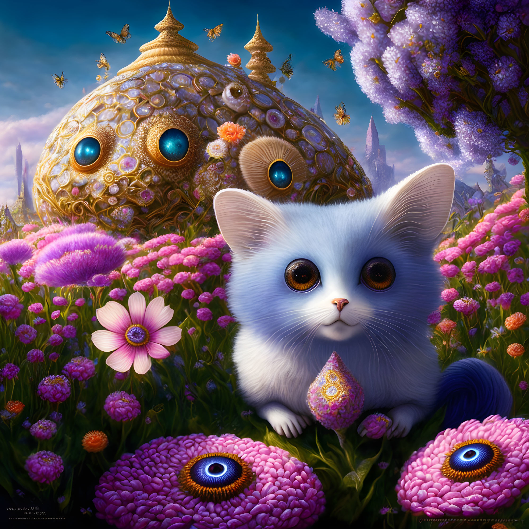 Colorful Digital Artwork: Wide-eyed Kitten in Floral Fantasy Landscape