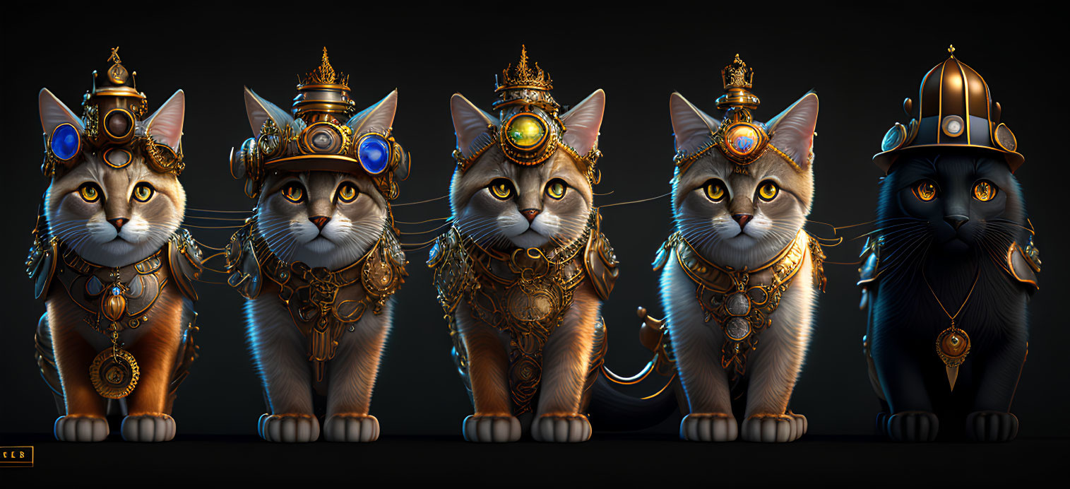 Five stylized steampunk cats with goggles and golden accents on a dark background