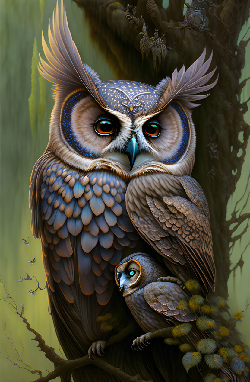 Detailed illustration of large owl with blue and brown plumage perched on branch, smaller owl below,