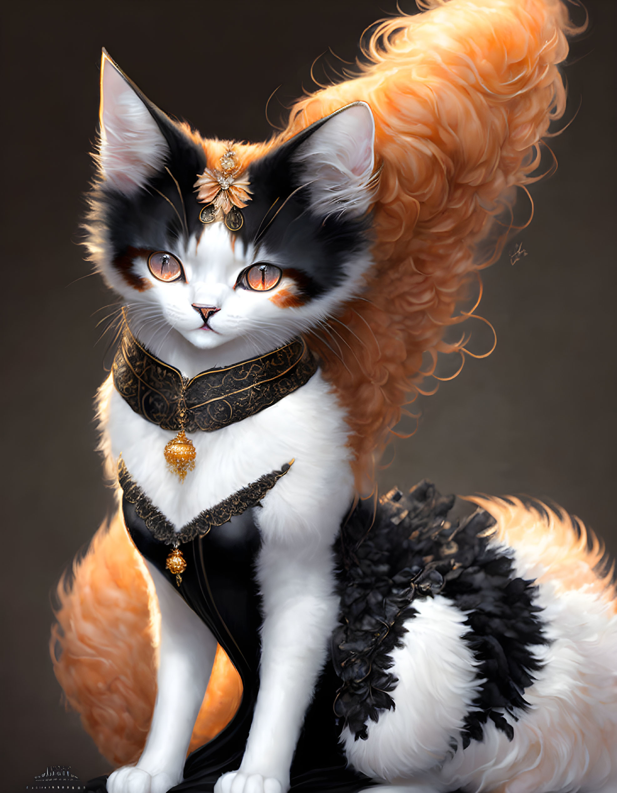 Majestic cat illustration with orange tail and ornate collar