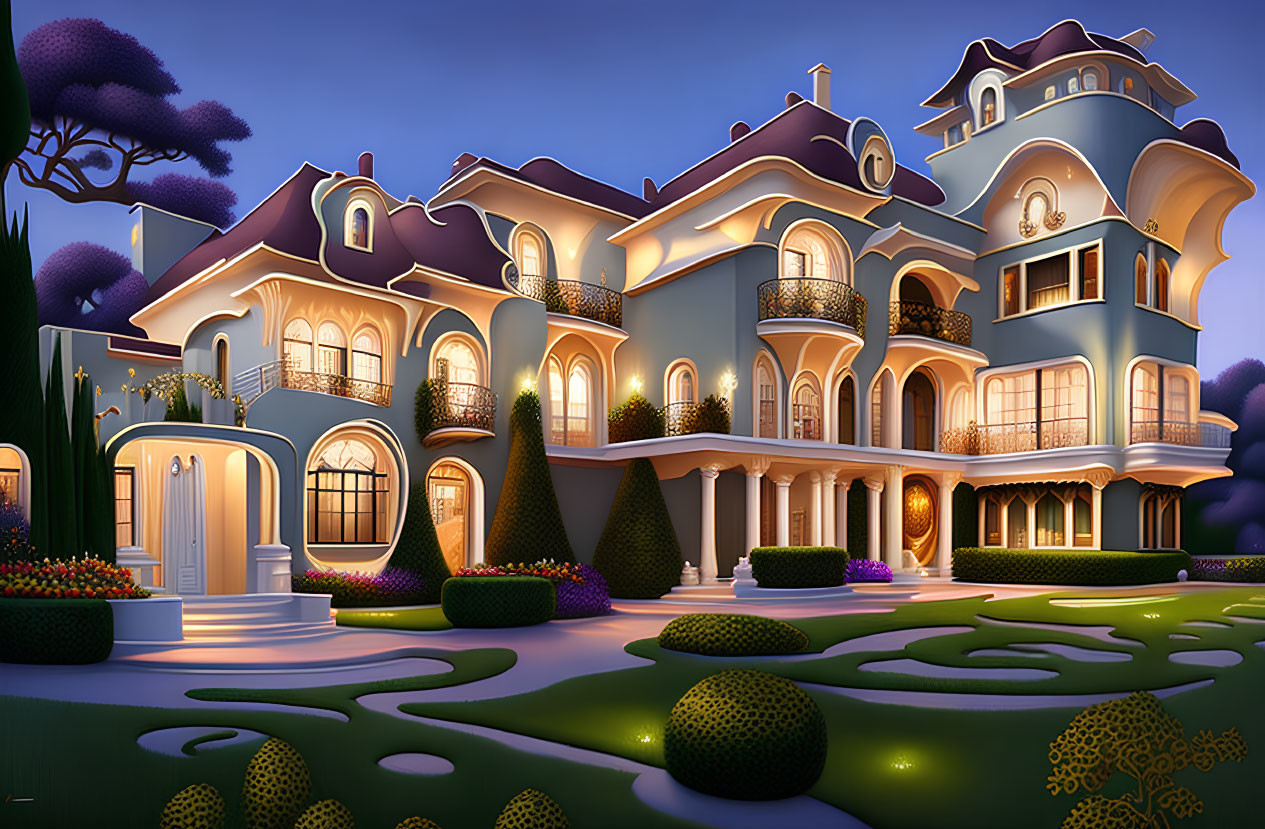 Ornate multi-story house illustration at twilight with illuminated windows and balconies