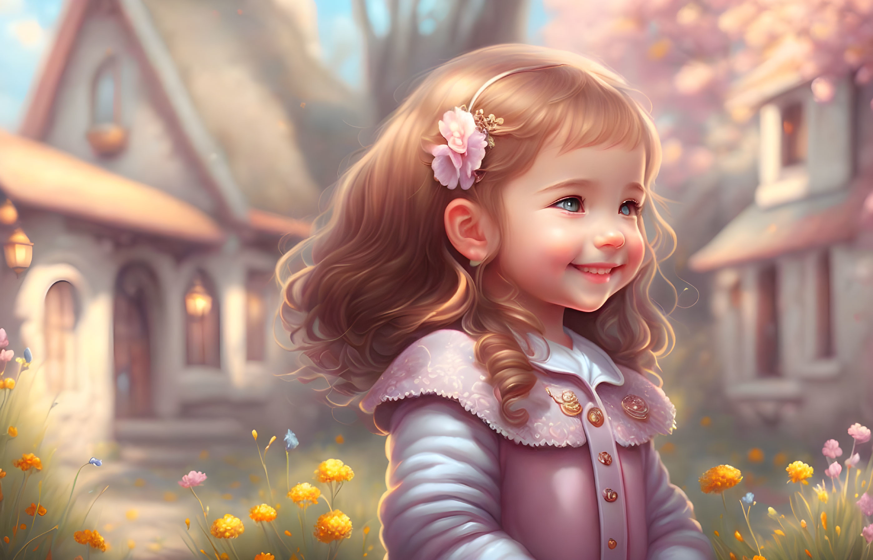 Smiling young girl with flower in hair at cottage garden